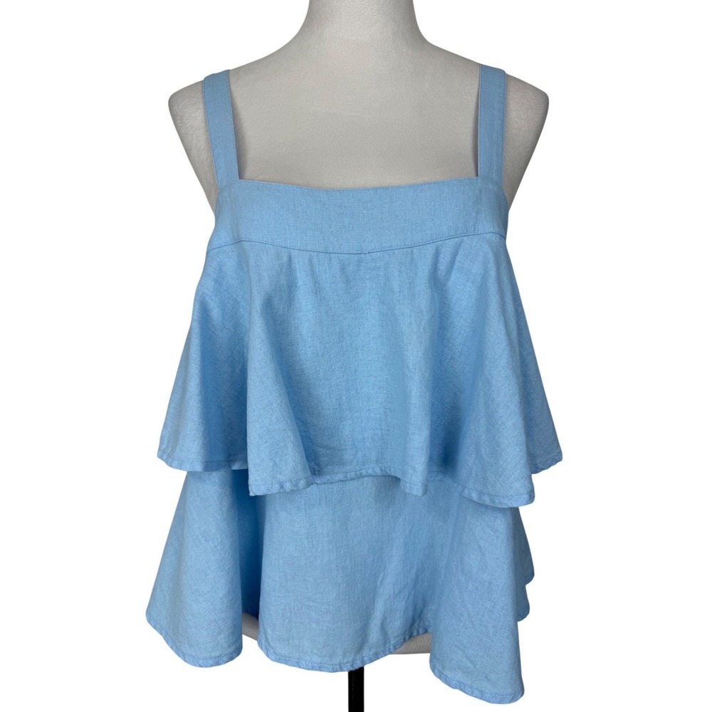 Abound Women's M Ruffle Tiered Cami Blue Linen Blend Square Neck Fixed Straps